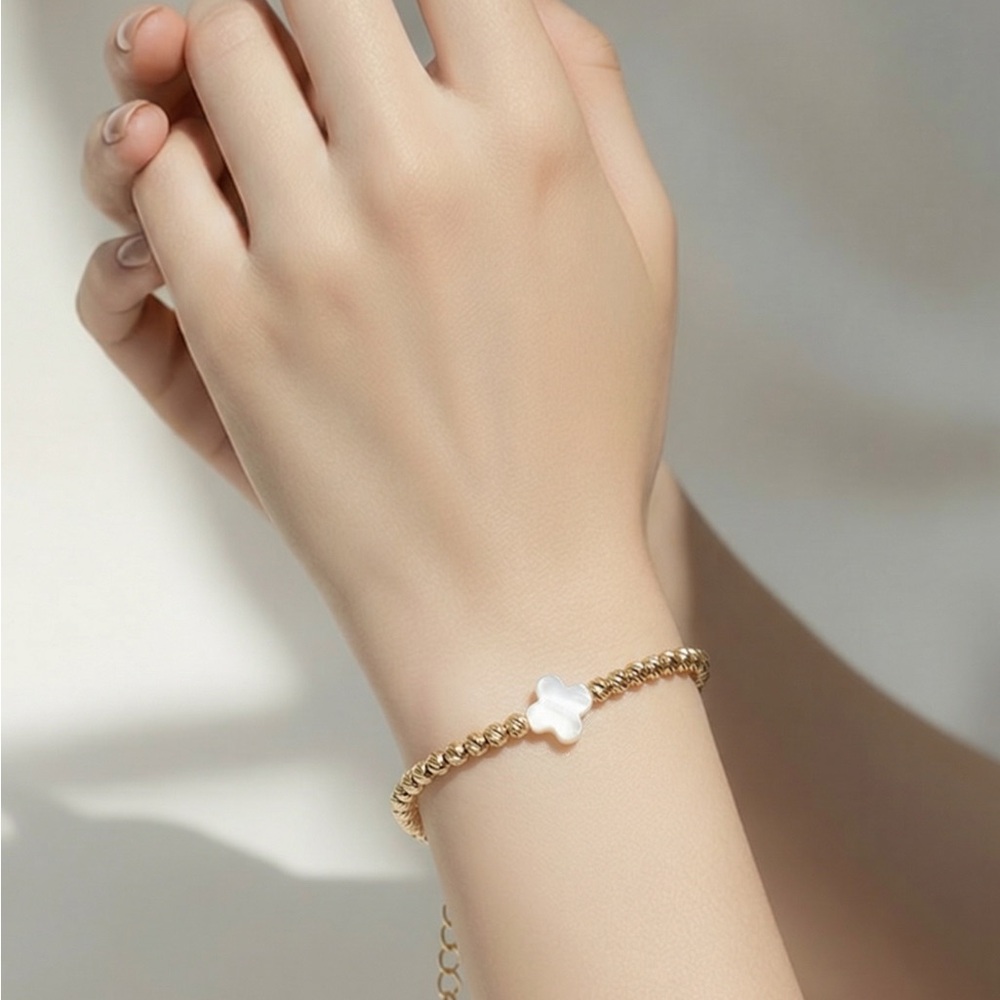 Gold Chain Bracelet with White mother of pearl flower Accent - Women Jewelry